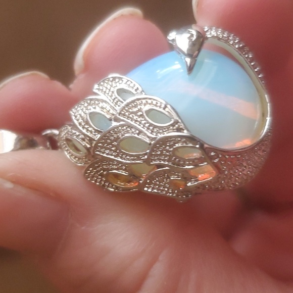 New Silver Wrapped Opalite Peacock Pendant. - Picture 9 of 11